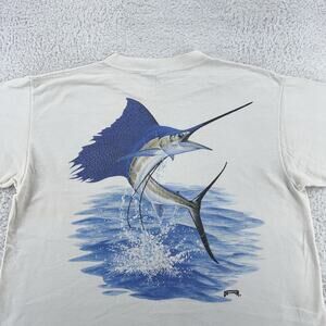 vtg Sailfish Shirt Mens Large White Pocket Graphic Fishing Made USA 90s Nature